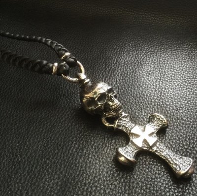 画像10: Large Skull With Hammer Cross & Braid Leather Necklace