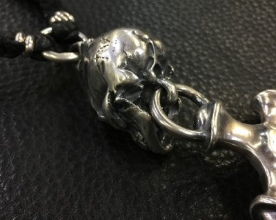 画像10: Half Large Skull With Hammer Cross & Braid Leather Necklace