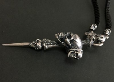 画像6: Large Skull On 2 Skulls Hammer Cross Double Face Dagger With 2 Panther & 2 Skulls Braid Leather Necklace