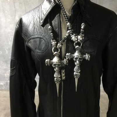 画像18: Large Skull On 2 Skulls Hammer Cross Double Face Dagger With 2 Panther & 2 Skulls Braid Leather Necklace