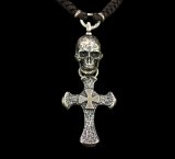 Half Large Skull With Hammer Cross & Braid Leather Necklace