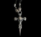Large Skull On 2 Skulls Hammer Cross Double Face Dagger With 2 Panther & 2 Skulls Braid Leather Necklace