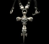 Large Skull On 2Skulls Hammer Cross Double Face Dagger With 2Panthers Braid Leather Necklace