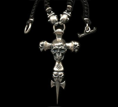画像1: Large Skull On 2Skulls Hammer Cross Double Face Dagger With 2Panthers Braid Leather Necklace