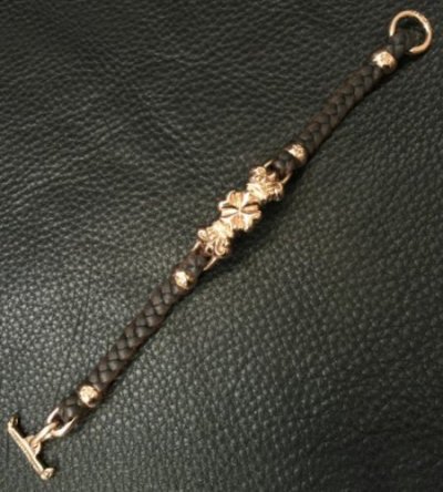 画像3: 10k Pink Gold Half 4Heart Crown Braid Leather Bracelet