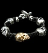 18k Gold Single Skull In All Skull Links Braid Leather Bracelet
