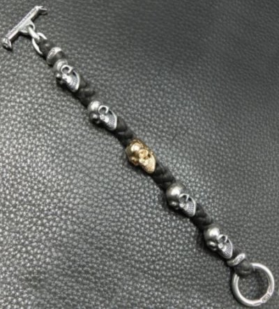 画像4: 18k Gold Single Skull In All Skull Links Braid Leather Bracelet