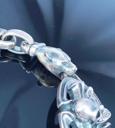 画像7: Skull On Sculpted Oval With 2 Panthers & H.W.O & Anchor Chain Links Bracelet