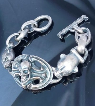 画像8: Skull On Sculpted Oval With 2 Panthers & H.W.O & Anchor Chain Links Bracelet