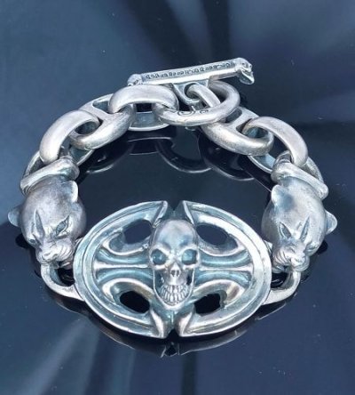 画像4: Skull On Sculpted Oval With 2 Panthers & H.W.O & Anchor Chain Links Bracelet