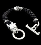 Bulldog & Skull on braid leather bracelet