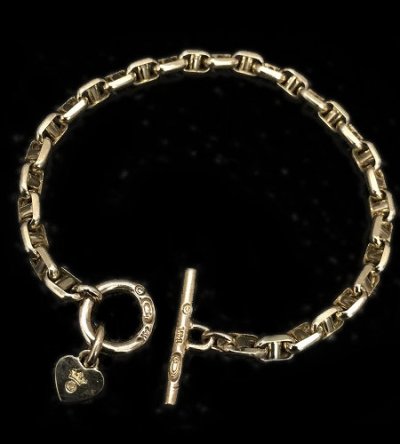 画像1: 14K Gold 5mm Marine Chain Bracelet With Drop G&Crown Heart Plate