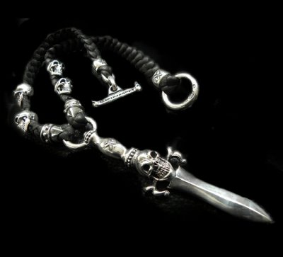 画像1: Skull On Dagger With 2Bolo Neck 4Skulls Braid Leather Necklace