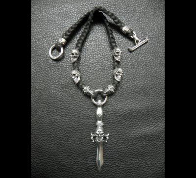 画像2: Skull On Dagger With 2Bolo Neck 4Skulls Braid Leather Necklace