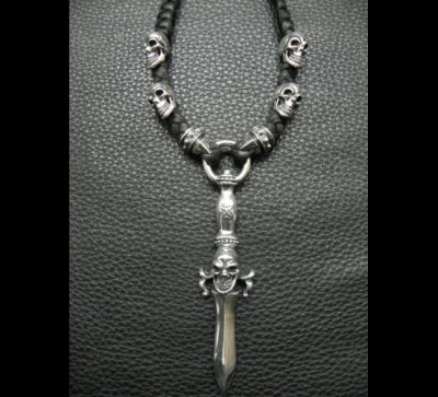 画像3: Skull On Dagger With 2Bolo Neck 4Skulls Braid Leather Necklace