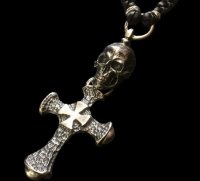 Large Skull With Hammer Cross & Braid Leather Necklace