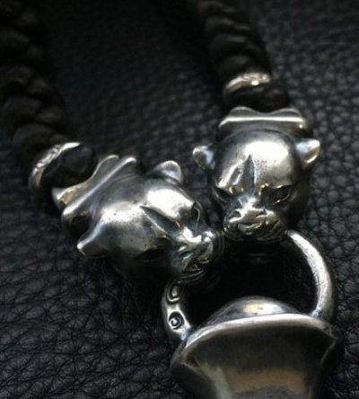 画像6: Large Skull On 2Skulls Hammer Cross Double Face Dagger With 2Panthers Braid Leather Necklace