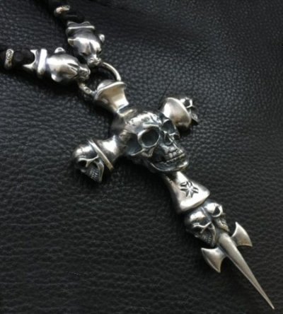 画像2: Large Skull On 2Skulls Hammer Cross Double Face Dagger With 2Panthers Braid Leather Necklace