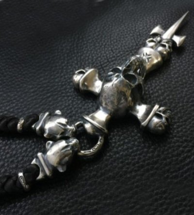 画像19: Large Skull On 2Skulls Hammer Cross Double Face Dagger With 2Panthers Braid Leather Necklace