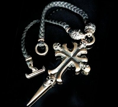 画像1: 3Skull On Plain Grooved Cross With Single Skull Dagger & 2Lions Braid Leather Necklace