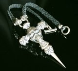 Large Skull On 2 Skulls Hammer Cross Double Face Dagger With 2 Old Bulldogs Braid Leather Necklace