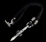 Half Dagger With Skull &Half 2 Old Skulls braid leather necklace
