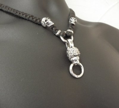 画像9: Half Lion With 2 Half Skulls braid leather necklace