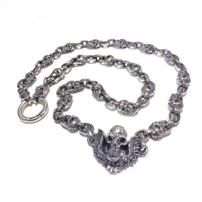 画像1: C-ring With Skull Wing With Quarter Skulls & Half Small Oval Links Necklace