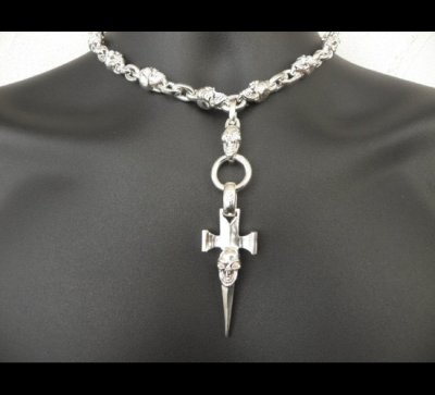 画像16: Half Single Skull Dagger Square Bottom & H.W.O With Quarter Skull & Small Oval Links Necklace (Platinum Finish)