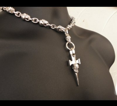画像15: Half Single Skull Dagger Square Bottom & H.W.O With Quarter Skull & Small Oval Links Necklace (Platinum Finish)