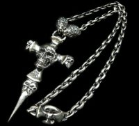 Half Large Skull On 2Skulls Hammer Double Face Dagger With Half 2Lions & Battle-Ax Small Oval Chain Links Necklace