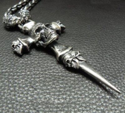 画像8: Half Large Skull On 2Skulls Hammer Double Face Dagger With Half 2Lions & Battle-Ax Small Oval Chain Links Necklace