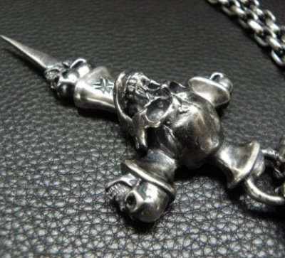 画像20: Half Large Skull On 2Skulls Hammer Double Face Dagger With Half 2Lions & Battle-Ax Small Oval Chain Links Necklace