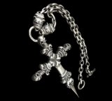 3 Skulls On 4 Heart Crown Long Cross Double Face Dagger With 2 Long Neck Bulldogs & Small Oval Links Necklace