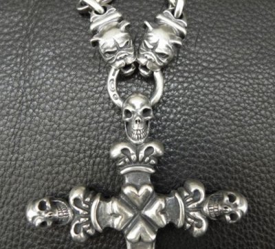 画像3: 3 Skulls On 4 Heart Crown Long Cross Double Face Dagger With 2 Long Neck Bulldogs & Small Oval Links Necklace