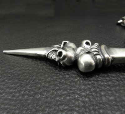 画像15: 3 Skulls On 4 Heart Crown Long Cross Double Face Dagger With 2 Long Neck Bulldogs & Small Oval Links Necklace