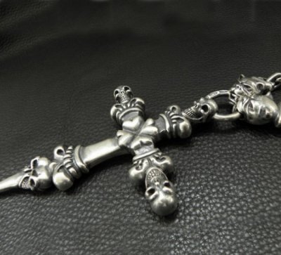 画像14: 3 Skulls On 4 Heart Crown Long Cross Double Face Dagger With 2 Long Neck Bulldogs & Small Oval Links Necklace
