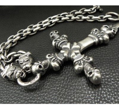 画像11: 3 Skulls On 4 Heart Crown Long Cross Double Face Dagger With 2 Long Neck Bulldogs & Small Oval Links Necklace