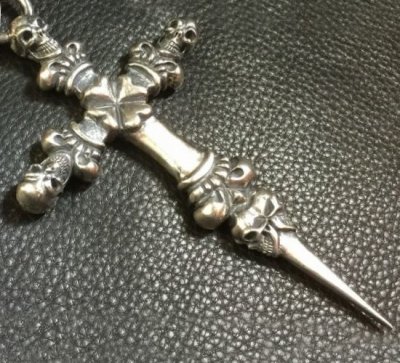 画像12: 3 Skulls On Both Side 4 Heart Crown Cross Double Face Dagger & Bulldogs Small Oval Chain Links Necklace