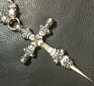 画像14: 3 Skulls On Both Side 4 Heart Crown Cross Double Face Dagger & Bulldogs Small Oval Chain Links Necklace