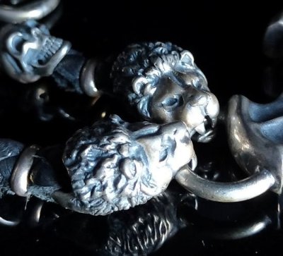 画像10: Half Face On Battle-Ax Cross With 2 Lions Braid Leather Necklace