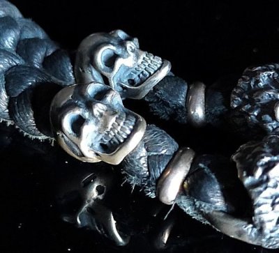 画像12: Half Face On Battle-Ax Cross With 2 Lions Braid Leather Necklace