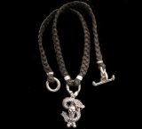 Half Skull On Snake braid leather necklace