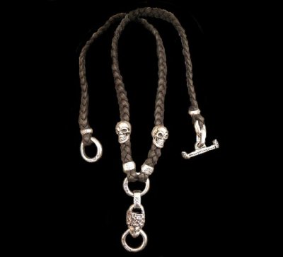 画像1: Quarter Lion & 2Quarter Skulls braid leather necklace