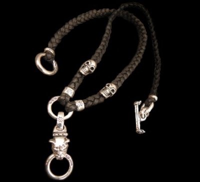 画像1: Quarter Bulldog & ２Quarter Skulls braid leather necklace