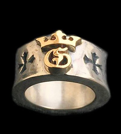 画像1: 18K Gold High Raised G & Crown On Wide Cigar Band Ring