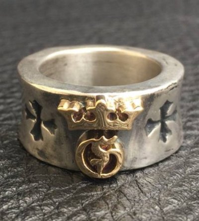 画像10: 18K Gold High Raised G & Crown On Wide Cigar Band Ring