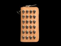 24 Skulls On Natural Saddle Leather Round Zip With Single Skull Square Bottom Dagger Zip Pull & Single Skull Zip Pull