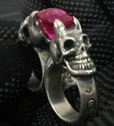 画像1: Pink Sapphire Devil Skull Triangle Wire Bangle 2Finger Ring