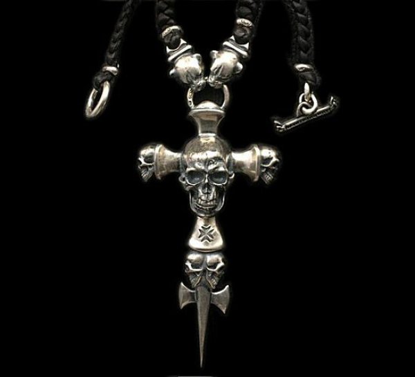 画像1: Large Skull On 2Skulls Hammer Cross Double Face Dagger With 2Panthers Braid Leather Necklace (1)